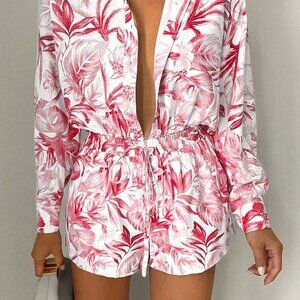 Watermelon Pink Boho Women's Tropical Print Long Sleeve Shirt & Shorts Set
